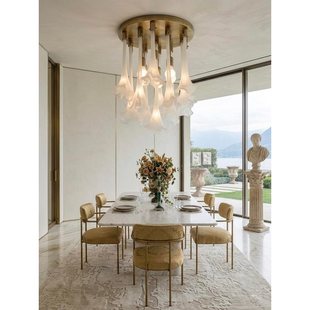 Metal 1970s Mid-Century Modern Venini Italian Murano Glass "Calla Lily" Chandelier in Frosted White For Sale - Image 7 of 7