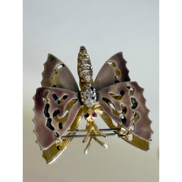 Monet Vintage Capri 1960s Gold Tone Openwork Butterfly Brooch Florentine Enamel Statement Pin Capri Signed For Sale - Image 4 of 10