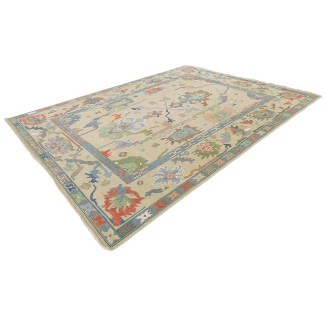 Modern Hand-Knotted Oushak Style Wool Area Rug in Pastel Palette and Soft Beige For Sale - Image 12 of 12