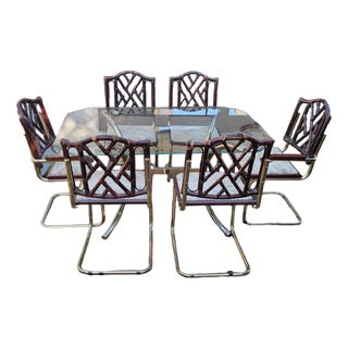 Vintage Italian Dining Chairs and Table in Brass, 1970s, Set of 7 For Sale