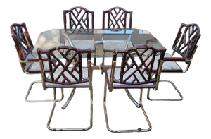 Vintage Italian Dining Chairs and Table in Brass, 1970s, Set of 7