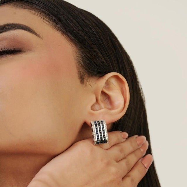 Multi-Stripe Blue Sapphire & Diamond Bar Earrings in 925 Sterling Silver, A Pair For Sale - Image 6 of 11