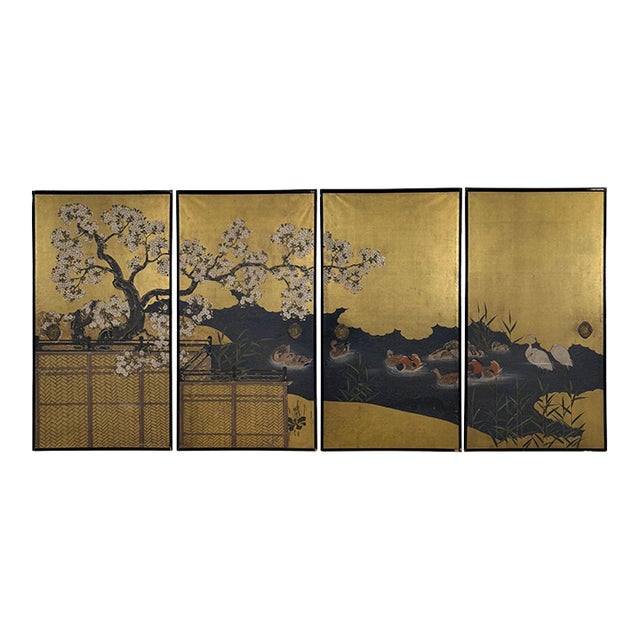 Set of Four 19th Century Edo Period Fusuma Door Decorative Panels For Sale
