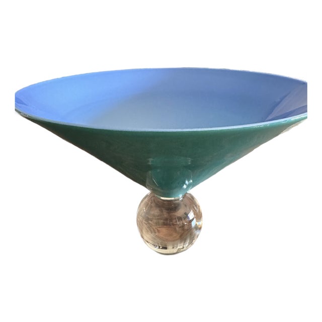 Venini Murano Italian Art Glass Pedestal Bowl in Blue & Turquoise, Signed For Sale
