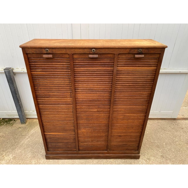 1950s Oak Triple Column Filing Cabinet with Curtains, 1950s For Sale - Image 5 of 18