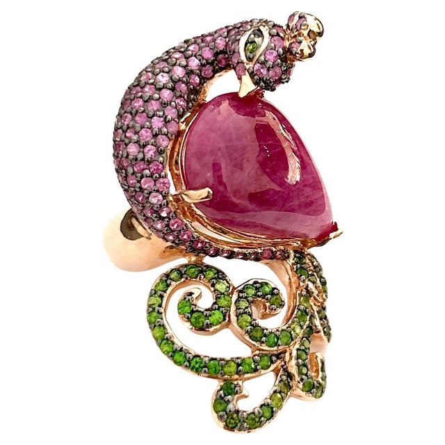 Bochic "Orient" Vintage Emerald Ruby & Pink Sapphire Ring - 18K Gold & Silver For Sale - Image 15 of 18