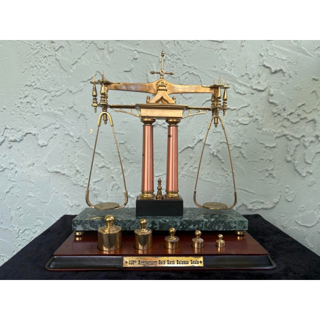 American Franklin Mint 150th Anniversary Gold Rush Brass Balance Scale With Marble Base & Weights For Sale - Image 3 of 12