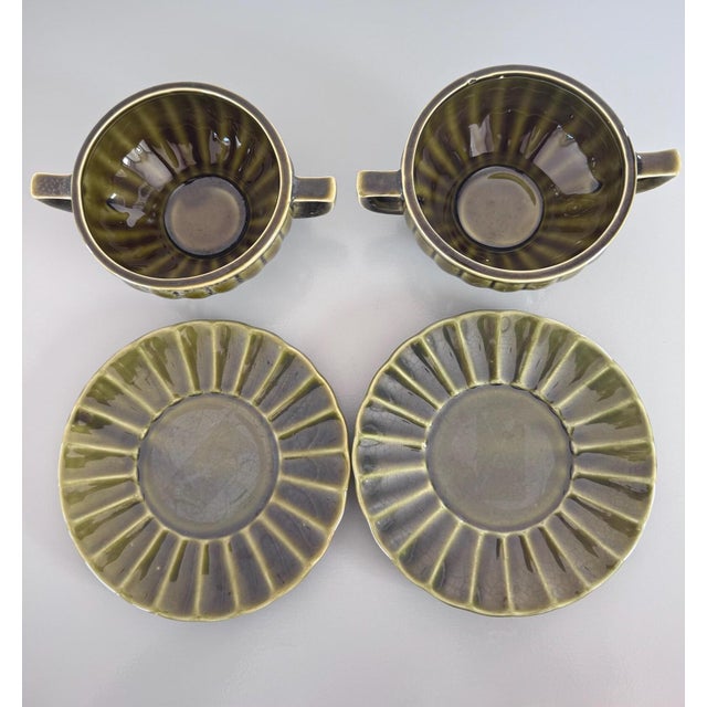 Vintage Green Double Handle Soup Bowls and Saucers Set of 4 For Sale - Image 4 of 8