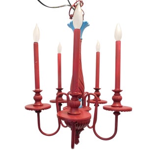 Mid-Century Red and Turquoise Tole and Wood Five Arm Chandelier For Sale