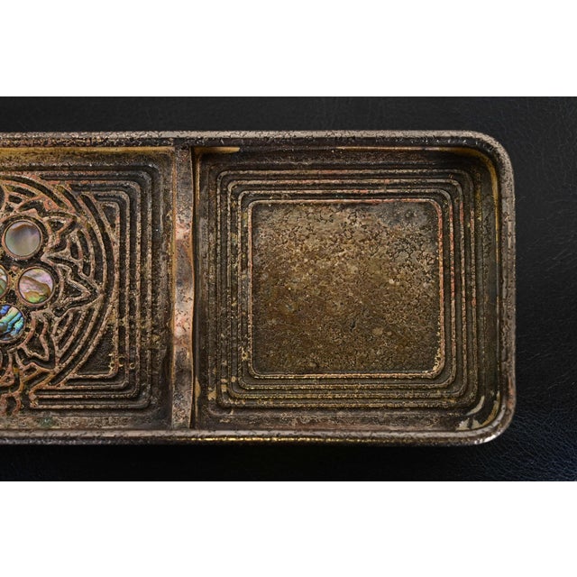 Bronze Tiffany Studios New York Silvered Bronze and Abalone Pen Tray For Sale - Image 8 of 12