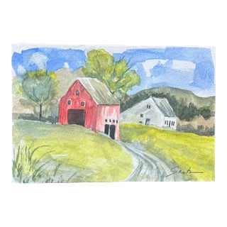 “Red Barn Retreat” Signed Original Watercolor Landscape by Nancy Smith For Sale
