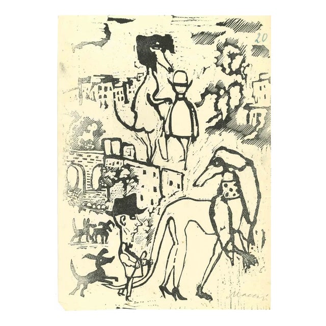 Mino Maccari, Men and Dogs, Original Woodcut, Mid 20th-Century For Sale