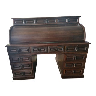 Mid 20th Century Roll Top Oak Desk With Marble Top Inset For Sale
