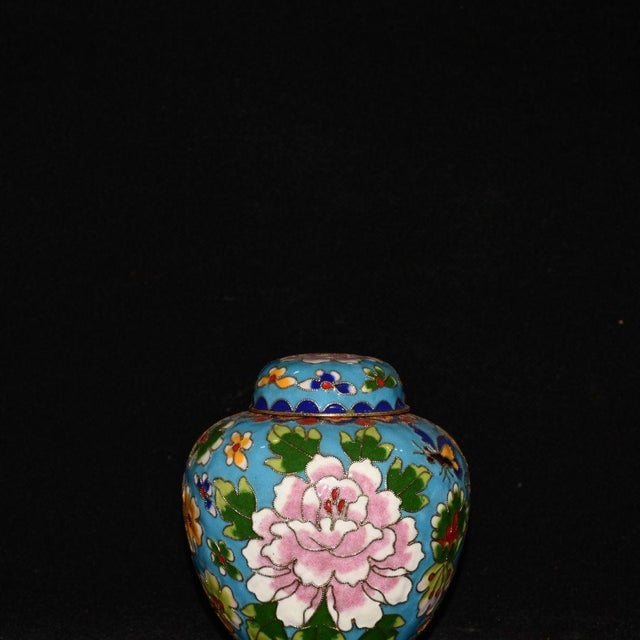 Blue Vintage Cloisonné Enamel Ginger Jar With Peony Motif - Blue Ground For Sale - Image 8 of 9