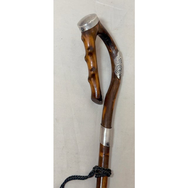 Victorian Antique 19th Century Handmade Tooled Sterling Silver Wood Walking Stick Cane For Sale - Image 3 of 13