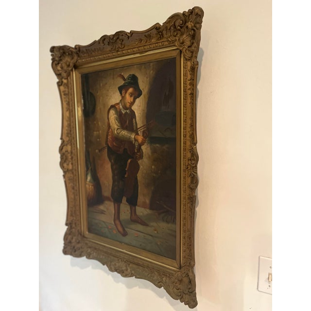 1900 - 1909 Antique European Oil Painting of Young Violinist in Ornate Carved Frame, Circa 1900 For Sale - Image 5 of 12