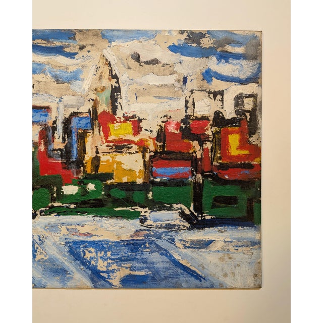 Mid-Century Modern Vintage Mid-Century Abstract Nyc Manhattan Skyline Painting Lic East River For Sale - Image 3 of 4