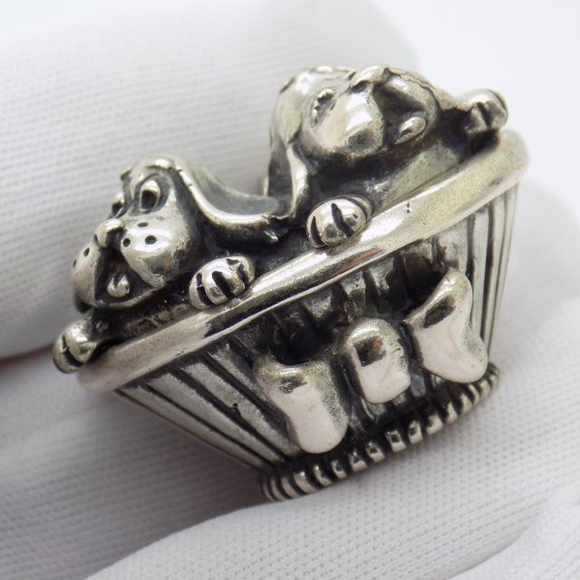 Silver Vintage Italian Handmade Genuine Silver Sleeping Puppies Basket Figurine Sacchetti Arezzo 800 Continental Silver Dog Miniature Sculpture For Sale - Image 8 of 13