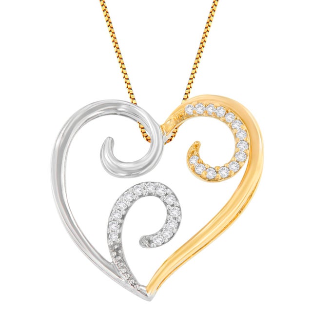 Bold and brilliant, this heart-shaped pendant with swirl accents in the center is made using two-toned gold. The one-half...