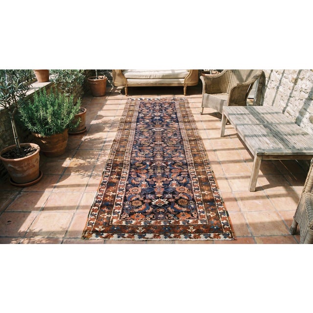 Textile 1900s Blue Navy Tribal Herati Antique Persian Bakshaiesh Runner 3' 6" X 14' 6" Handknotted Wool Carpet For Sale - Image 7 of 9