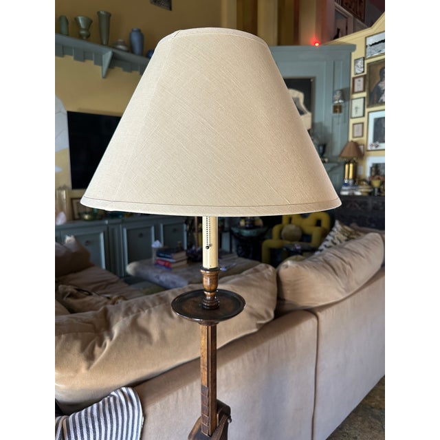 1940s 1940s Frances Elkins Prototype Mahogany Adjustable Ratchet Floor Lamp With Rh Linen Shade For Sale - Image 5 of 10