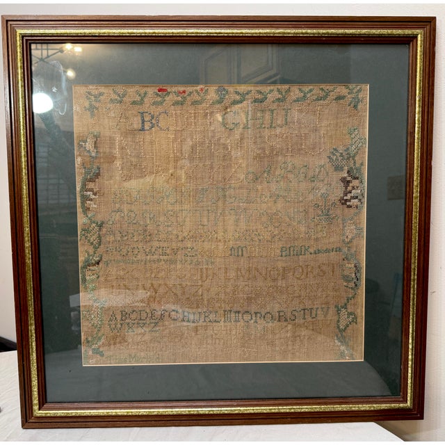 Brown Large Antique Early 19th Century Handmade Embroidered Needlepoint Sampler Art For Sale - Image 8 of 8