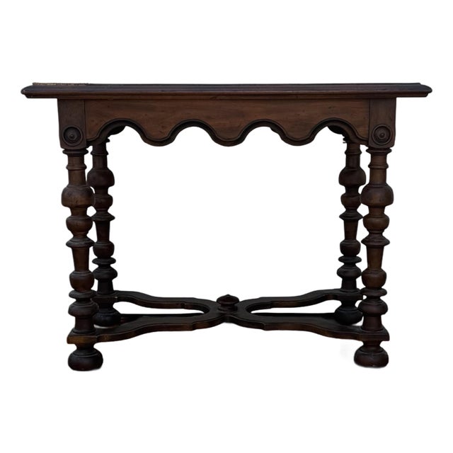 Vintage Jacobean Revival Walnut Console Table With Turned Legs and Stretcher Base For Sale