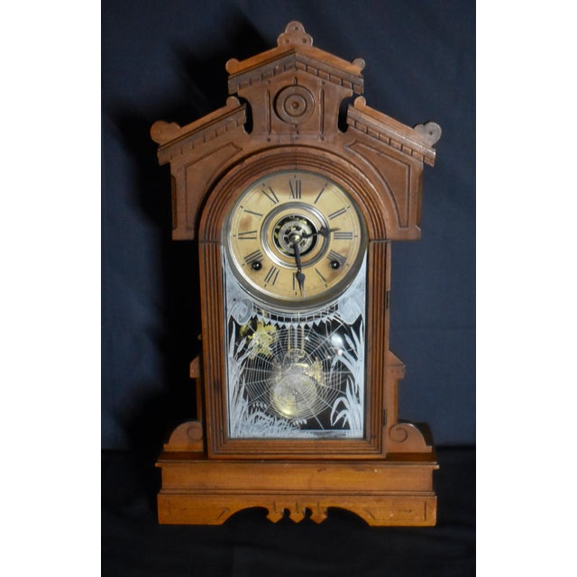 Antique Gilbert Ersa Walnut Parlor Mantel Clock Spider Web Glass With Key For Sale - Image 4 of 18
