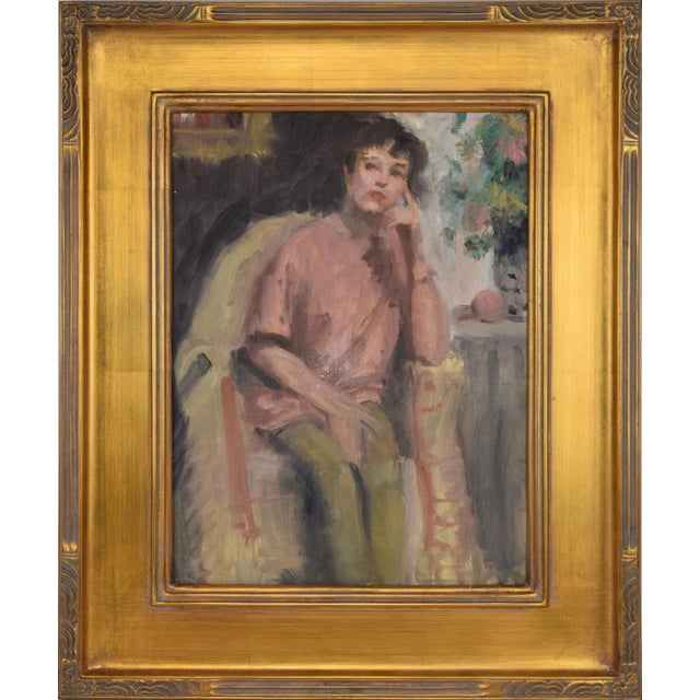 Vintage American Impressionist portrait of woman seated on a chair by a vase of flowers by Harry L Barton (1908-2001). Oil...