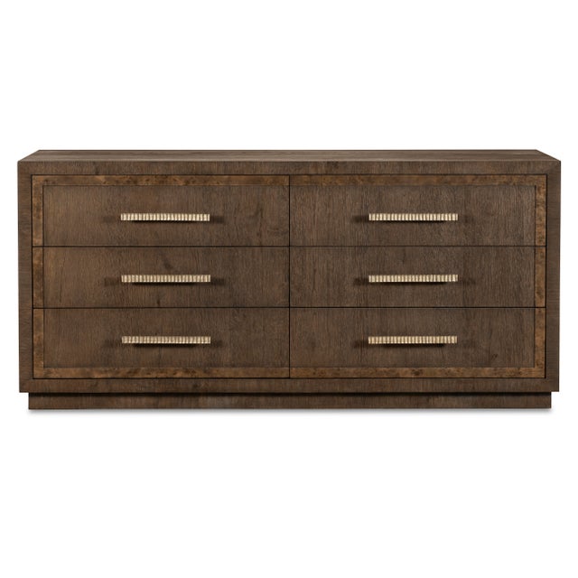 Six soft-close drawers with aged bronze bar pulls