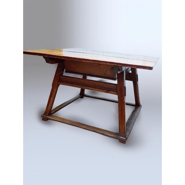 This beautiful large, almost square bankers table or merchants table can be perfectly used as a dining table, hall center...