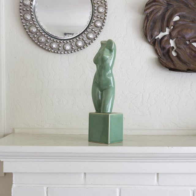 1950s Ceramic Nude Female Sculpture on Plinth With Sage Green Glaze For Sale - Image 5 of 18