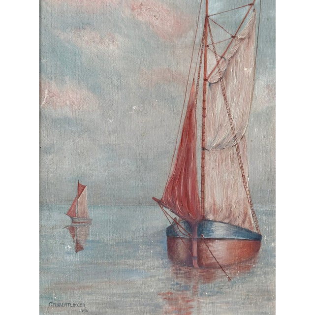 Two boats with pink sails rest in serene water in this dreamy Deco seascape. Painted in 1936 by C.M. Brentlinger, this oil...