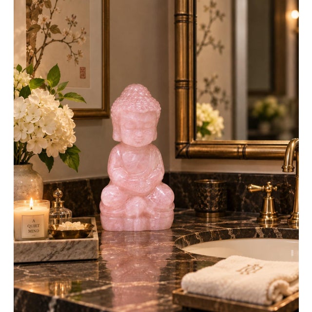 Mid 20th Century Natural Rose Quartz Baby Buddha Statue Hand Carved For Sale - Image 5 of 16