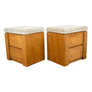 Mid Century Modern Nightstand End Side Table Custom Stone Grey Top 1980 Drawers, 2 Pieces For Sale
