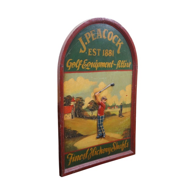 Large scale mid century J. Peacock golf equipment advertisement sign. The piece features a 3D hand-painted wooden golfer...