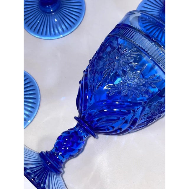 Set of 7 Intense Blue Early American Pattern Glass Floral Wine Goblets For Sale In Phoenix - Image 6 of 12