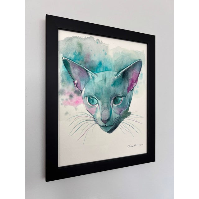 Contemporary Steely Sweetheart by Chris Hong | Watercolour on paper of a blue-grey cat's face For Sale - Image 3 of 4