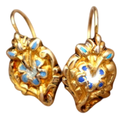 Gold Earrings with Reliefs and Enamel, Set of 2