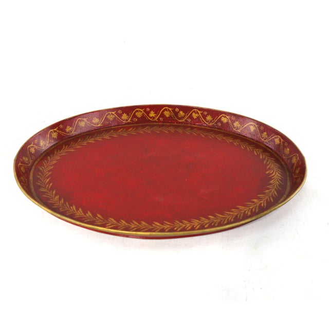 Late 20th Century Vintage Handmade Metal Red Tray With Hand-Painted Gold Olive Leaf Wreath For Sale - Image 5 of 11