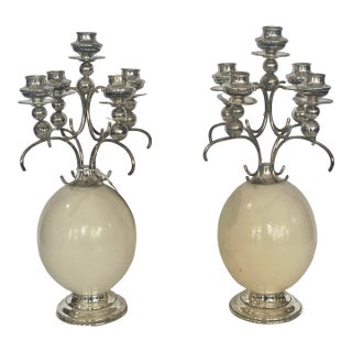 English Ostrich Eggs & Silver Candelabras, Attributed to Anthony Redmile For Sale