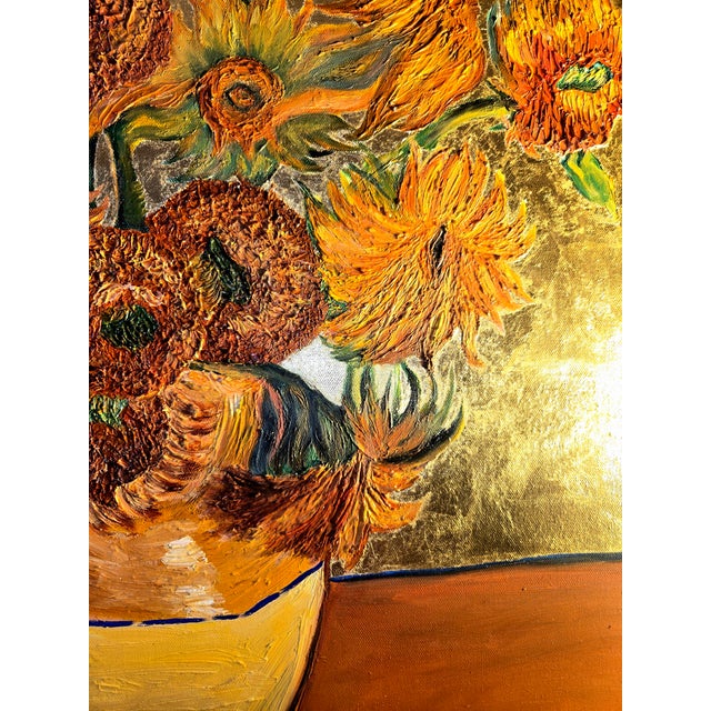2020s Contemporary Fine Art Sunflowers Hand Painted in Oils With Gold Leaf on Canvas For Sale - Image 5 of 18