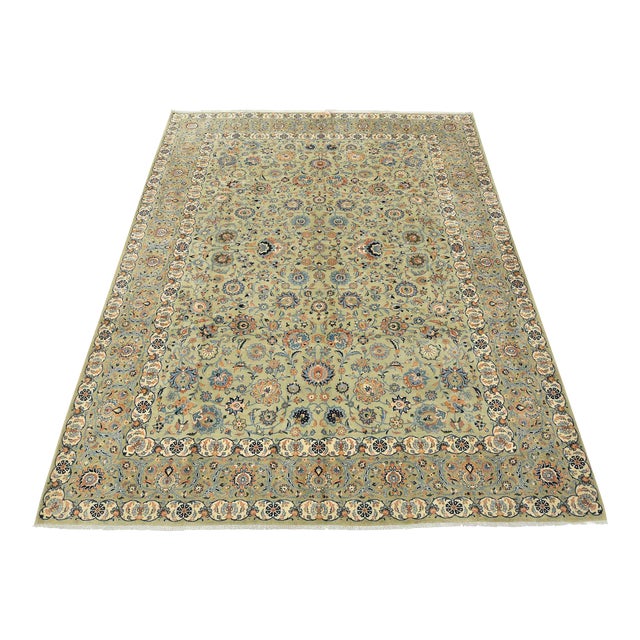 Fine Kashan Rug 9’9” X 12’5” Blue Wool Vintage Hand-Knotted Carpet For Sale