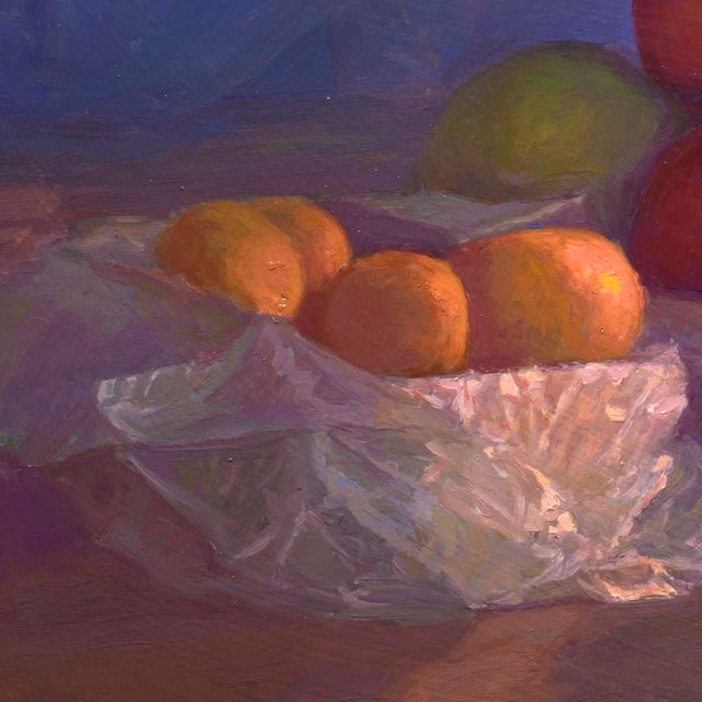 This oil on panel artwork depicts a serene arrangement of fruits, including apples, oranges, and a pear, nestled in...