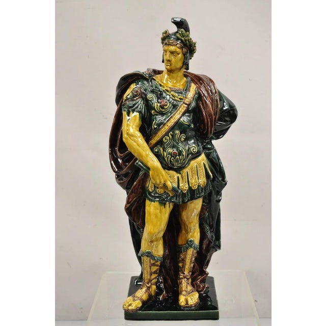Traditional Early 20th Century Majolica Alexander the Great Greek Warrior Soldier Glazed Pottery Sculpture For Sale - Image 3 of 12
