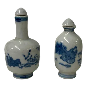 2 X Chinese Porcelain Snuff Bottle With Blue White Scenery Graphic