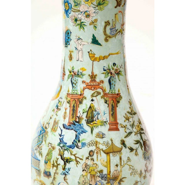 A Tall English Chinoiserie Celadon Decalcomania Glass Lamp For Sale In New York - Image 6 of 7