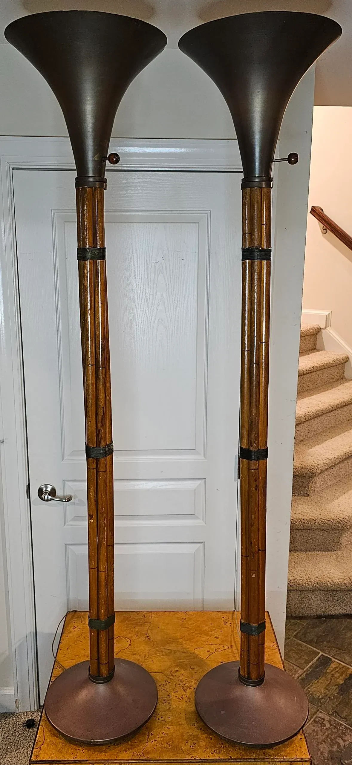 Vintage Russel Wright Attributed Spun Brass and Bamboo Torchiere