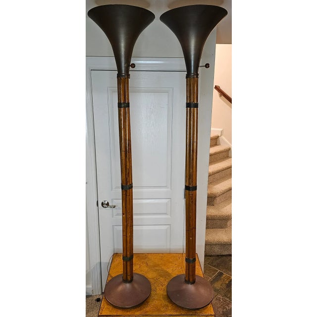 Mid-Century Modern Vintage Russel Wright Attributed Spun Brass and Bamboo Torchiere Floor Lamps - a Pair For Sale - Image 3 of 7