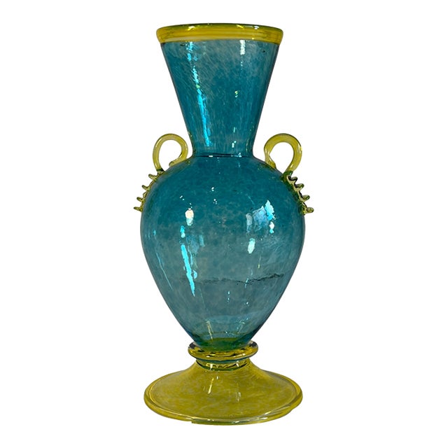 Art Glass Aqua Yellow Handled Amphora Vase For Sale
